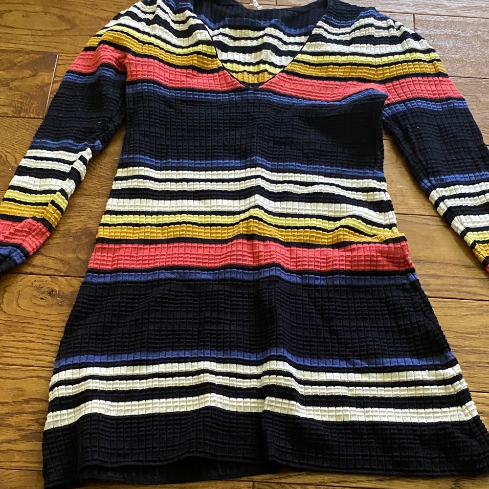 Free People Striped V-Neck Knit Dress in Navy, Red, Yellow, White & Blue